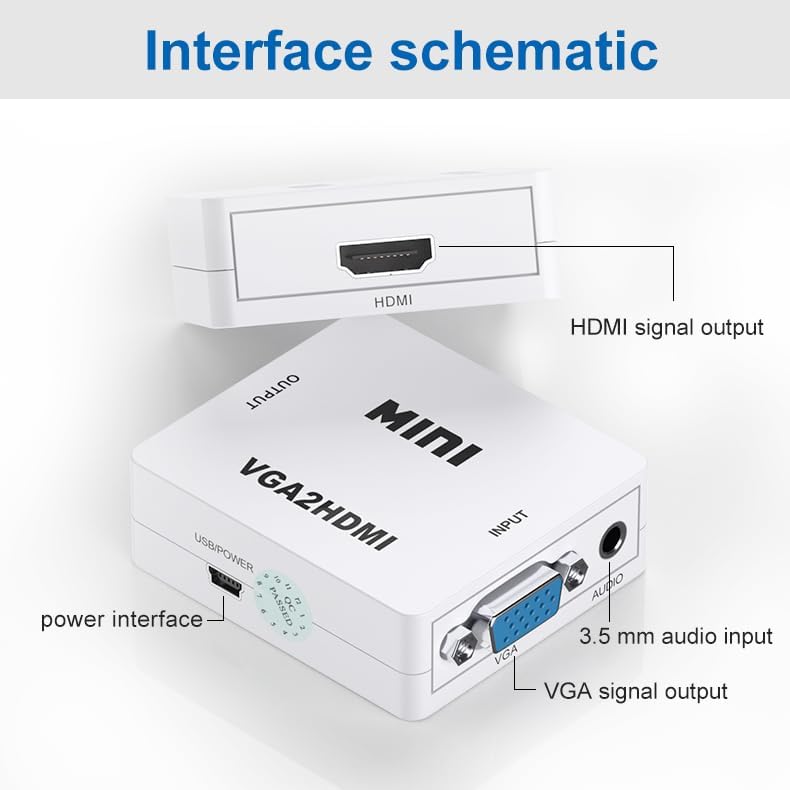 Image of VGA to HDMI, Mini HD 1080P 3.5mm Audio VGA to HDMI HD HDTV Video Converter Box Adapter VGA2HDMI for PC Laptop Dispaly Projector (VGA to HDMI)