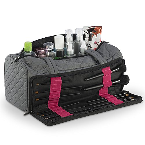 Bolsa de belleza acolchada para el hombro con bolsillo de almacenamiento de cepillo, ideal para botellas de cosméticos, cepillos y accesorios (gris)