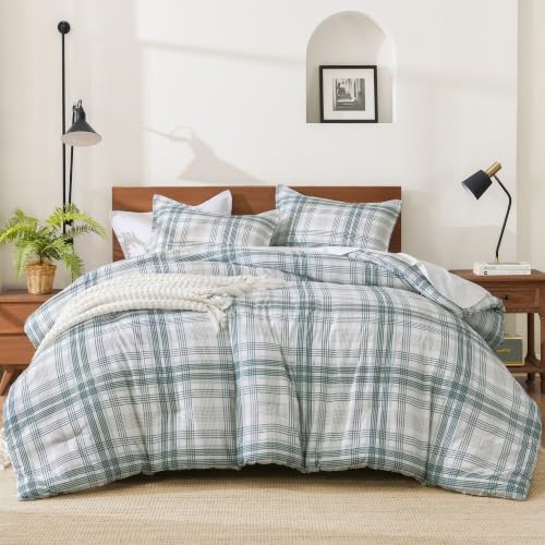 Image of Andency Blue Plaid Comforter Set Full(79x90 Inch), Gingham Checkered Grid Stripes Bedding Comforter Sets for Boys Girls Kids, 3 Pieces Preppy Geometric Line Soft Lightweight Reversible Bed Set as Gift