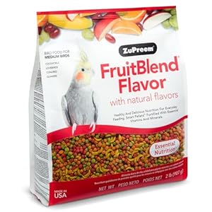 ZuPreem FruitBlend Bird Pellets, Daily Bird Food for Cockatiel, Lovebird, Quaker, Small Conure, Lorikeet, Core Nutrition for Medium Birds, Cockatiel Pellets, Conure Food (M, 2 lb)