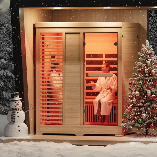 ENSTVER Infrared Wood Sauna 6.4Ft 2-3 Person, Luxury Full Spectrum Far Infrared Sauna Features Low