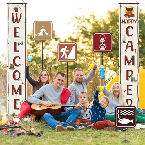 Image of 14Pcs Camping Party Decorations Set Welcome Happy Camper Porch Banner Sign Summer Camp Sign Cutouts Birthday Party Favors Camping Theme Birthday Decorations Hanging Supplies for Campfire Decor