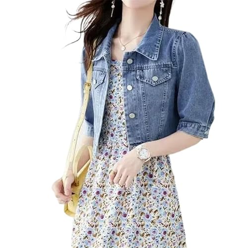 Veste en jean croisée col revers : manteau mi-manches bleu008 au style unique