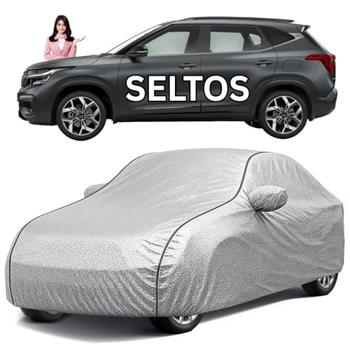Image of Car Cover for Kia Seltos All Model & Years (2019-2024) 100% Waterproof with Mirror Pockets, Triple Stitched Bottom Elastic Dustproof Full Body Protection Heat & UV Resistant, Silver
