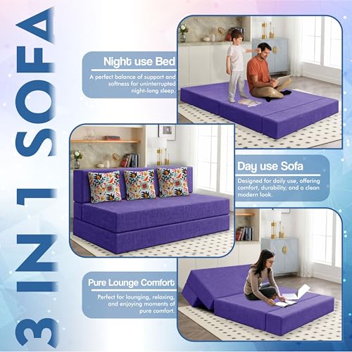 Image of Los Angeles Foldable Three Seater Sofa Cum Bed, Sofa Bed 5 X 6 Feet Jute Fabric Washable Cover- Including Cushion Perfect for Living Room