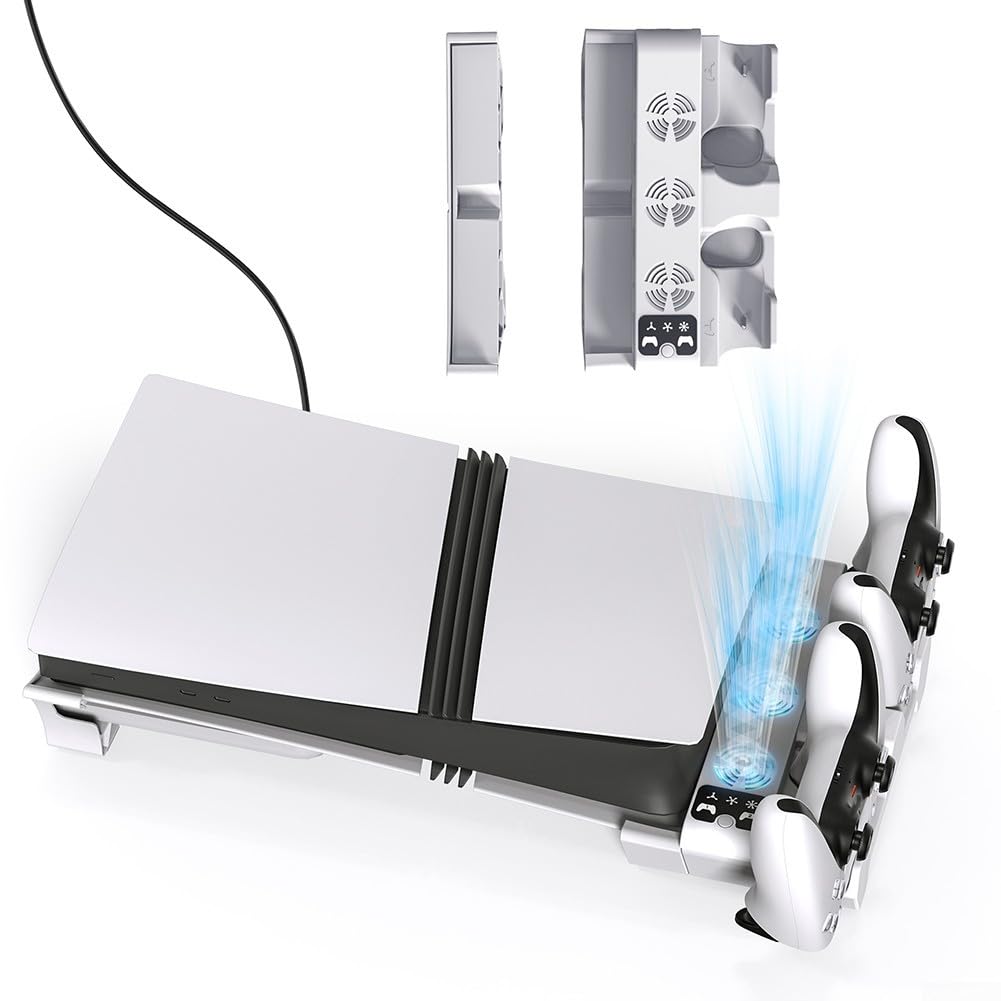 Soporte de refrigeración para consola de juegos para PS5 Pro/Slim, cargador doble con ventilador de 3 velocidades, indicadores LED, diseño delgado blanco