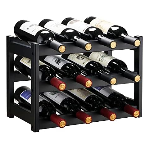 VASMIA Bamboo Wine Rack, Sturdy and Durable Wine Storage Cabinet Shelf, Wine Racks Countertop for Pantry,Kitchen,3-Tier 12 Bottles Wine Rack Black Cover