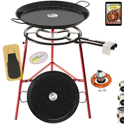 COMBOI Kit brûleur à paella gaz butane, poêles émaillées 60 cm et 42 cm, régulateur, tuyau, support avec pieds renforcés, niveau, tablier, livre de recettes