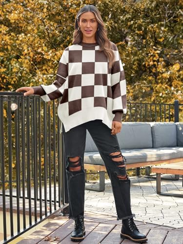 Image of LILLUSORY Women's Oversized Batwing Sweaters 2026 Fall Outfits Trendy Crewneck Knit Side Slit Fashion Pullover Tops