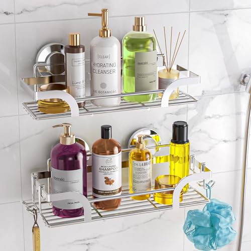 Image of LEVERLOC Shower Caddy Suction Cup 2 Pack, Shower Shelf for Inside, Large Capacity Bathroom Organizers and Storage, Rustproof & Waterproof Metal Bath Basket, No-Drilling, Heavy Duty, Silver