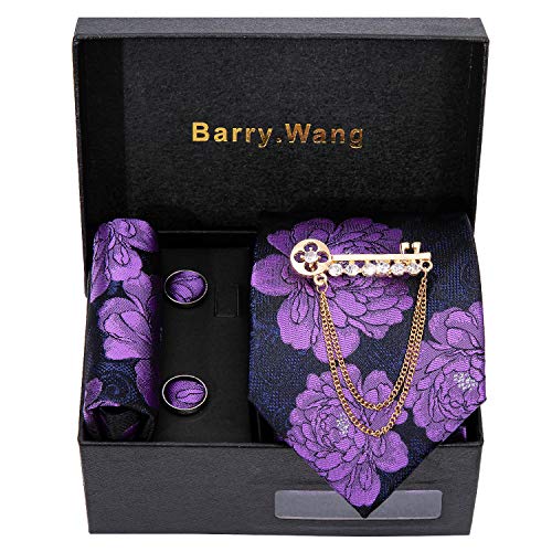 Image of Barry.Wang Classic Mens Ties Silk Necktie Pocket Square Cufflinks Set Woven Designer Wedding Business