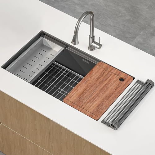 Image of 32-Inch Undermount Kitchen Sink, 304 Stainless Steel with Nano Coating, Single Bowl for Workstation, RV, Prep Kitchen, Includes Cutting Board & Roll-Up Dish Rack, and More Accessories (Black)
