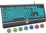 Computer Wired Keyboard, Large Print Backlit Key board with Wrist Rest, 7-Colors Backlit, Plug and Play, Foldable Stands, Spill-Resistant, Corded Full Size Keyboard for Windows, PC, Laptop (Large)
