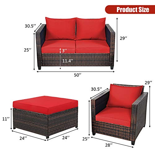 Tangkula 5 Pieces Patio Furniture Set, Outdoor Rattan Sofa Set W/Removable Cushions, Wicker Loveseat W/Single Sofa And Ottoman, Sectional Sofa Conversation Set For Backyard, Garden, Poolside (Red) #TOP2