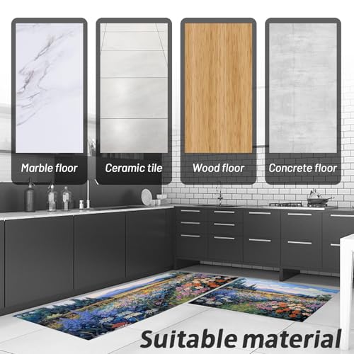 Tapis de cuisine grand format lavable en machine bleu imprimé fleurs - 7