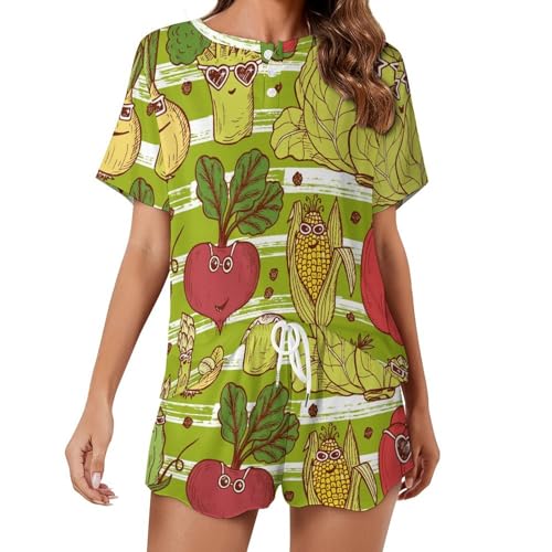 Pyjama légumes femme court en coton frais pour l'été