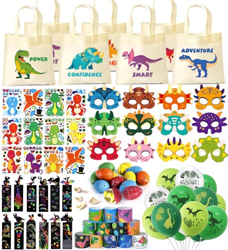 Cleboen Dinosaurier Party Mitgebsel Kindergeburtstag Jungen Dino Figuren Maske Ei LuftballonTragetaschen DIY Sticker Schnapparmband Deko Dino Give Aways Gastgeschenk Kindergeburtstag Pinata Füllung