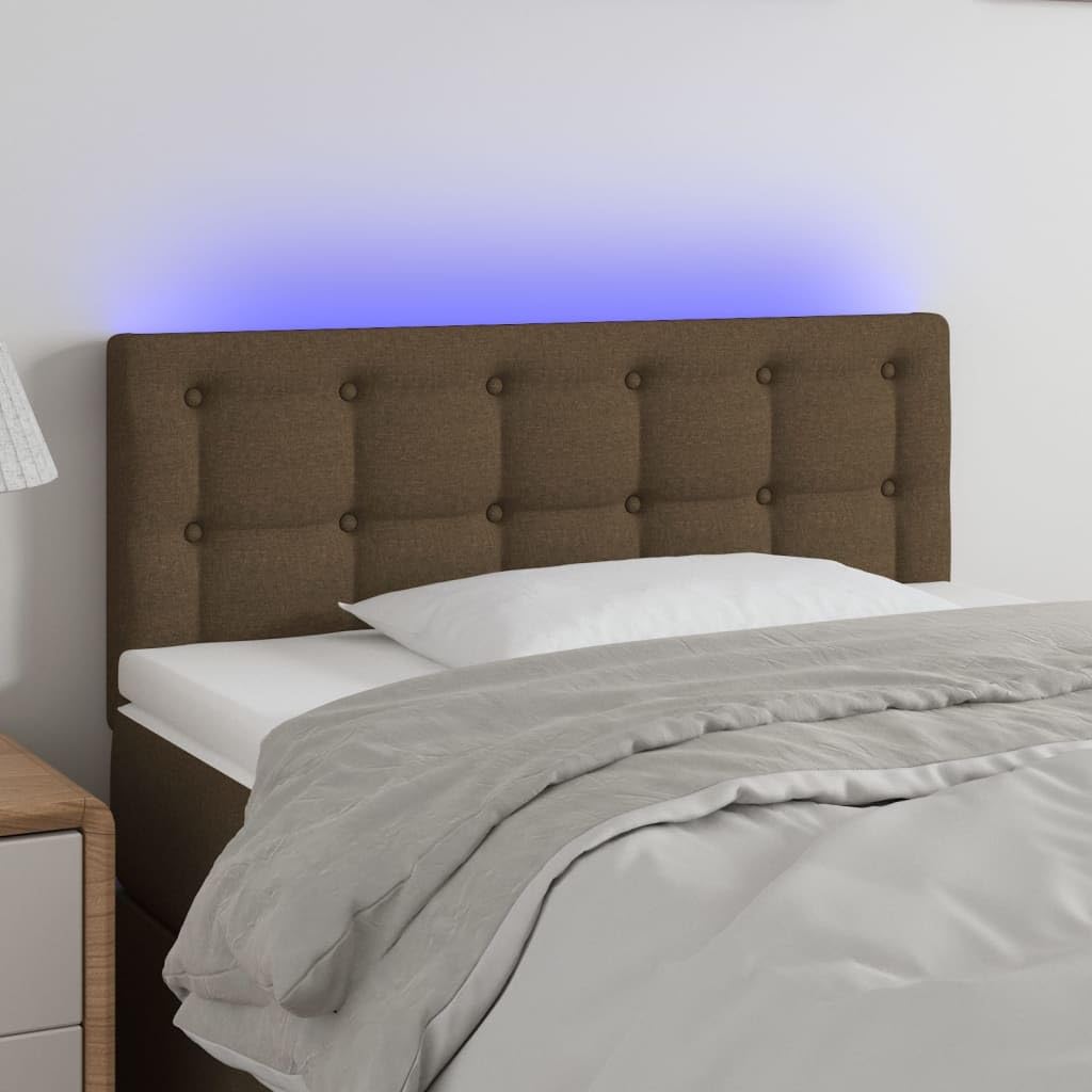 Testiera del letto a LED, marrone scuro, tessuto 90x5x78/88 cm, con supporto per la schiena, altezza regolabile e striscia di taglio LED, alimentata da USB 5V.