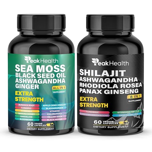 Peakhealth Shilajit Sea Moss Black Seed Oil Ashwagandha Capsules for Man Woman,2 Bottle Combo with Turmeric, Panax Ginseng, Rhodiola,Herbal Formula,Energy & Immune Support, 60 Capsules