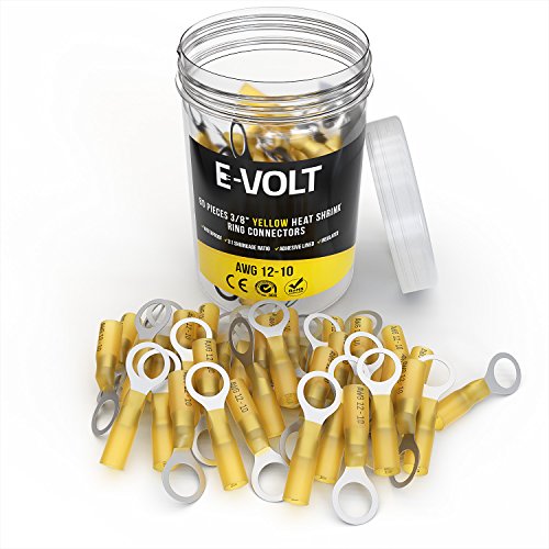 E-VOLT Heat Shrink Crimp Connectors – 80 PC 3/8” Yellow Adhesive Tube Electrical Ring Connector for 12-10 AWG | Industrial Grade Bulk Wire Terminal for Automotive, Marine and Audio