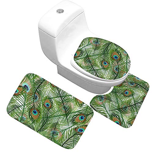 Badteppich Set,Badematten Teppich-Set 3-Teilig Grüne Pfauenfedern 3D-Druck rutschfeste Badematten Weiche Mikrofaser…