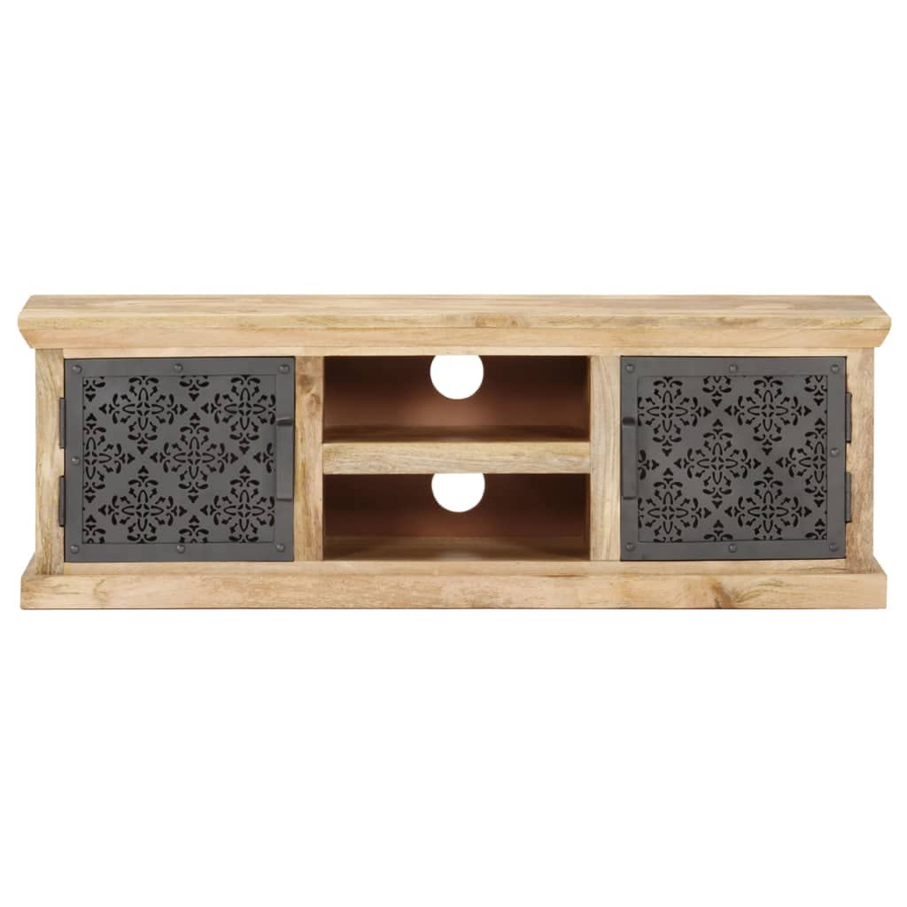 Szafka TV z litego drewna mango, 120 x 30 x 40 cm, z malowanymi proszkowo stalowymi drzwiami, czarna, do konsoli multimedialnych, idealna jako uniwersalna podstawka pod telewizor i szafka do