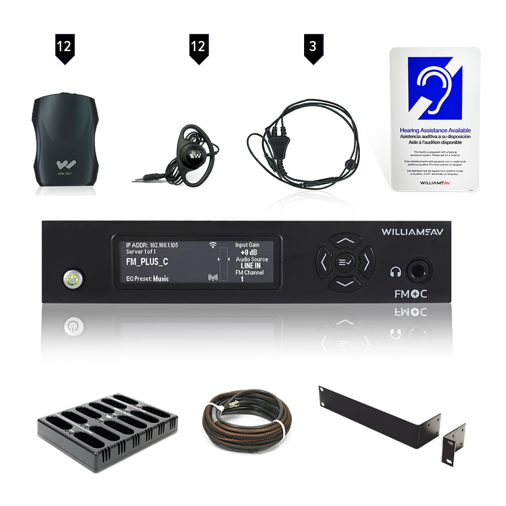 Williams AV FM 557-12 PRO D; FM+ PRO System Package with Dante; (1) FM T55 Transmitter; (12) PPA R37N Receiver; (12) Ear 022 Earphone; (1) CHG 3512 Charger; (12) 026-2 AA NiMH Batteries; Dante System