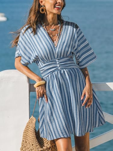 Image of CUPSHE Women Summer Dress Striped V Neck Smocked Waist Front Buttons Sun Dress Casual Vacation Beach Short Mini Dress