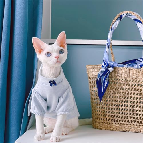 HONGSUO Sphynx Cat Clothes Devon/hairless Cat Pure Cotton T-shirt Blue Bow Half-sleeve Soft And Comfortable,blue,L HONGSUO Sphynx Cat Clothes Devon/hairless Cat Pure Cotton T-shirt Blue Bow Half-sleeve Soft And Comfortable,blue,L
