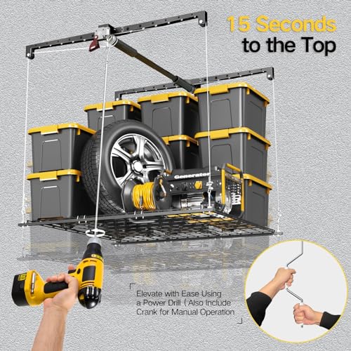 Overhead Garage Storage Rack, 4x4 Ft Garage Ceiling Storage Lift, Heavy-duty Ceiling Mounted Garage Storage Lift System for Garage Organization, 250lbs Weight Capacity, Brushed Black