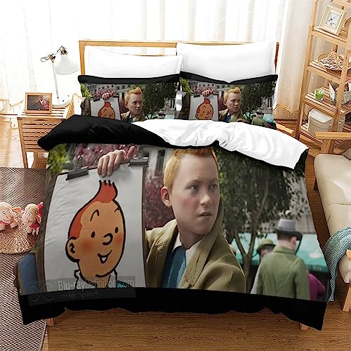 YINGD The Adventures of Tintin - Juego de funda de edredón con estampado 3D, póster de película, cierre de cremallera, juego de funda de edredón de 3 piezas para dormitorio, 200 x 200 cm
