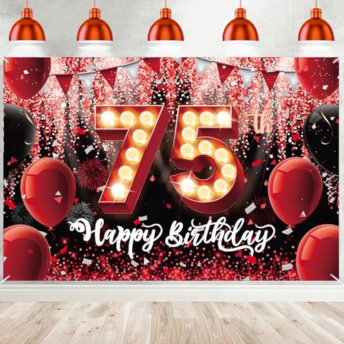 75th Happy Birthday Banner Red Glitter Sequin Balloon Banner Backdrop for Man Woman Gift Sign Birthday Party Decorations Photo Booth Background Props Decor