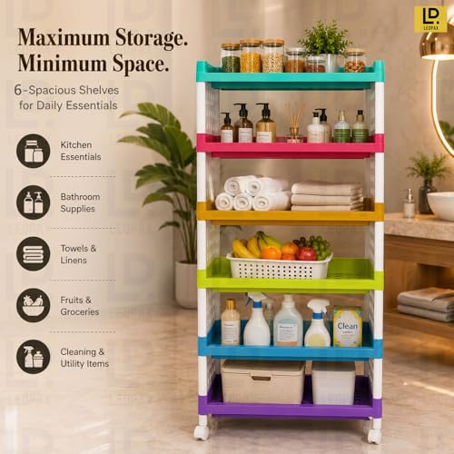 Image of LEOPAX 6 Layers Plastic Rolling Storage Rack | Multipurpose Stackable Storage Rack with Wheels for Kitchen Laundry Room Bathroom Office Home - Multicolor (50 x 30 x 117cm)