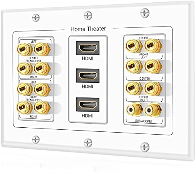 TNP Home Theater Wall Plate - 3-Gang 7.2 Surround Sound Distribution w/Premium Gold Plated Copper Banana Binding Post Coupler for 7 Speakers, 2 RCA Jack for Subwoofer, 3 HDMI Port for UHD 4K HD 1080P