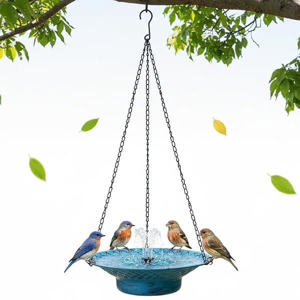 Aifeorzo 12.6" Hanging Bird Bath with Solar Fountain, Solar Bird Bath Fountains, Hanging Bird Baths for Outdoors, Hummingbird Fountain, Bird Bath Fountains Solar Power for Garden Patio Decor, Blue by Aifeorzo - Used condition - US$21.14