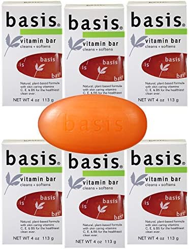 Basis Vitamin Bar Soap - Cleans and Softens with Vitamin C, E, and B5 – Use for Body Wash or Hand Soap – Pack of 6 Bars