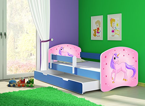CLAMARO 'Fantasia Blau' 180 x 80 Kinderbett Set inkl. Matratze, Lattenrost und mit Bettkasten Schublade, mit verstellbarem Rausfallschutz und Kantenschutzleisten, Design: 17 Einhorn