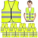 Kaxtde 10 Stück Kinder Warnwesten Sicherheitsweste, Reflektierende Warnweste mit Reißverschluss, Neon Auto Warnschutzweste für Jungen & Mädchen 5–12 für Camping Fahrrad Schule Kindergarten