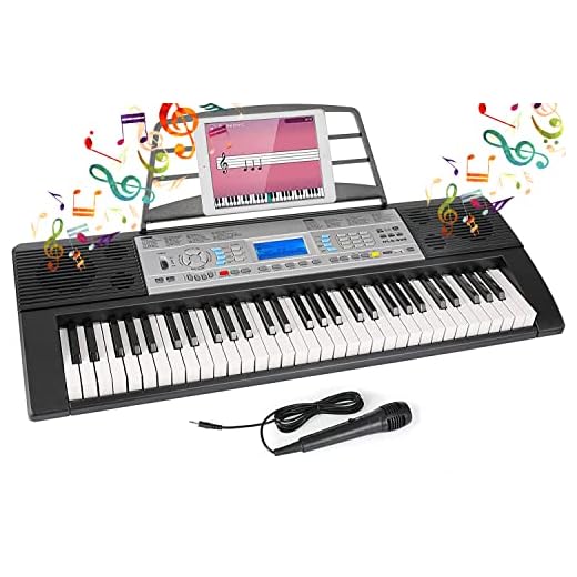 Klavier Keyboard 61 Tasten, Piano Keyboard mit Notenständer Mikrofon Sustain Pedal, E piano Aufnahme- & Programmierfunktion, Klavier Digital-pianos für Kinder/Erwachsene Einsteiger, Schwarz