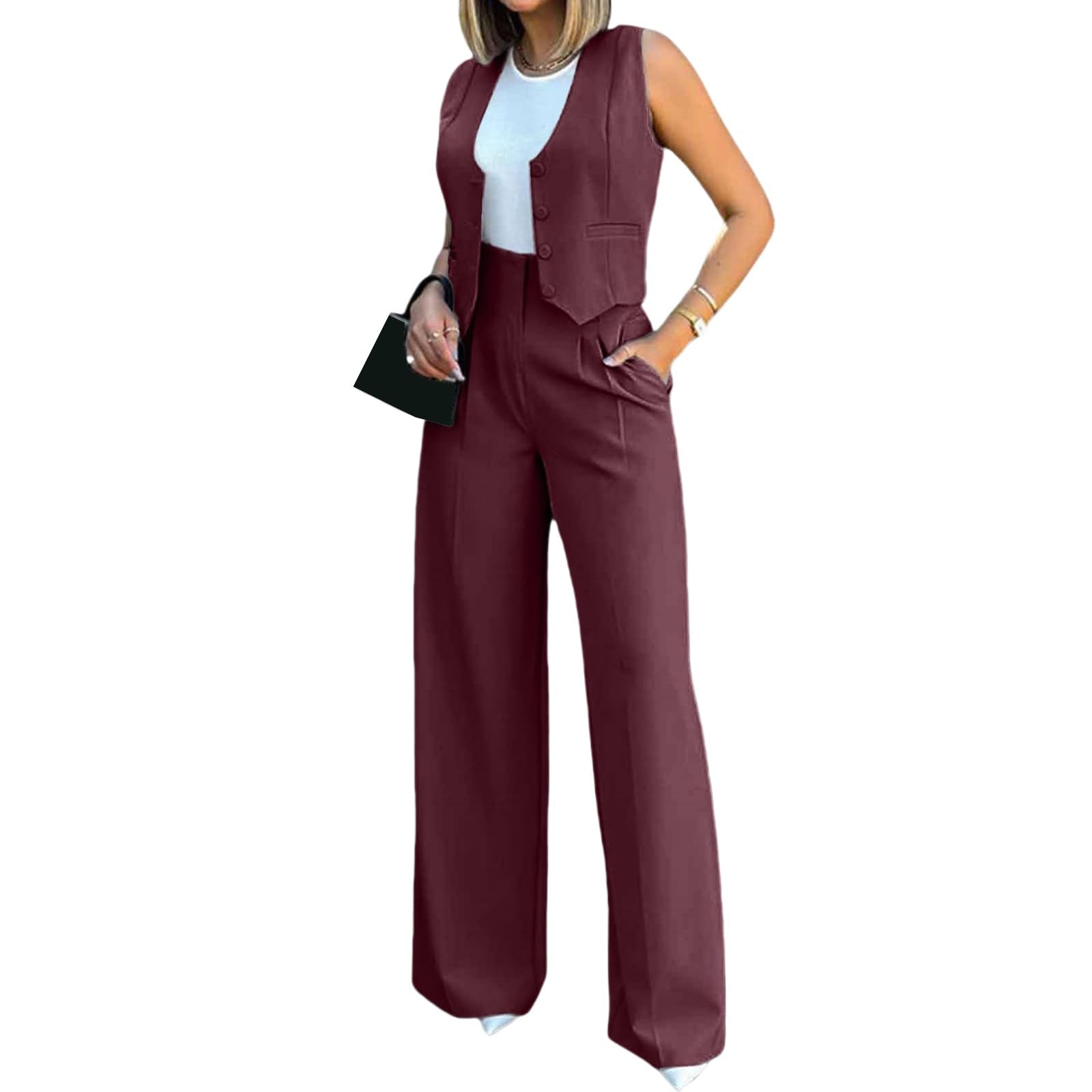 Elegant & Casual Women's Fashionable Blazer Vest & Wide-Leg Pants Set - Stylish & Comfortable for Daily Wear