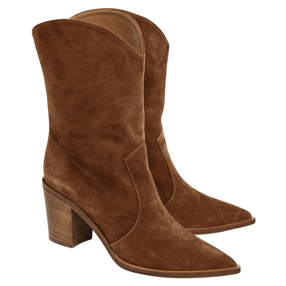 Coutgo Womens Cowboy Mid Calf Boots Chunky Block Heel Pointed Toe Suede Western Cowgirl Boots