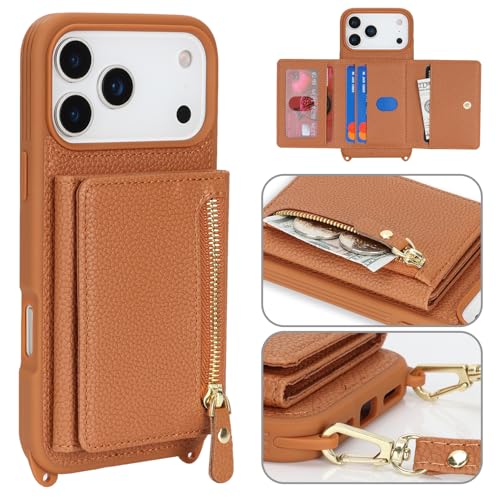 SunYoo Capa carteira compatível com iPhone 17 Pro Max com porta-cartões para mulheres, capa para iPhone 17 Pro Max com alça transversal com cordão, capa de telefone de couro PU com bolso com zíper