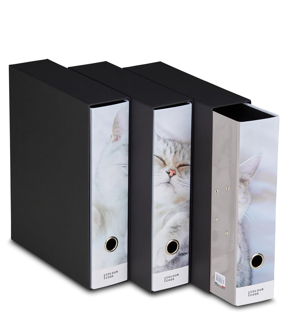 Set di 3 Raccoglitori ad Anelli, Colour Code, Bianco, Tema Gattino, Plastificati Lucidi, Ideale per fogli A4, Meccanismo a Leva