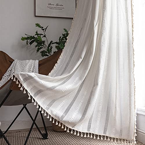Deeprove Boho Curtain 84 Inches Long For Bedroom, White Ivory Cotton Linen White Stripes Embroidery Shabby Chic Hollow Geometric, Semi Blackout Window Vintage Drape Tassels, 1 Panel W52 X L84 #TOP1