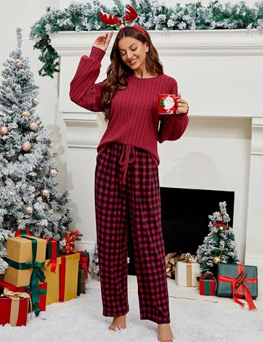 Image of Blooming Jelly Women Ribbed Long Sleeve Pajama Sets Fall Loungewear Pockets | 2 Piece Lounge Pj Matching Set Cute Casual Outfit Fleece Drawstring Crew Neck Wide Leg Flannel Soft Sleepwear