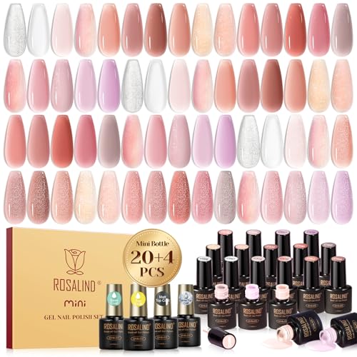 ROSALIND 24pcs Jelly Gel Polish Set with Gel Base and Matte Glossy Glitter Top Coat, 20 Colors Neutral Jelly Pink nude Sheer White Color Soak Off UV Gel Set Salon DIY