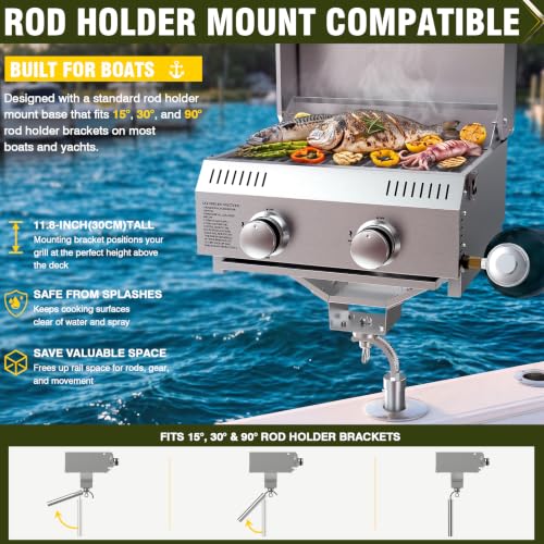Image of BESTFIRE Marine Boat Grill 20000 BTU 304SS Rod Mount | 304 stainless steel | Fits 15 /30 /90 rod holders | Dual propane connections | Removable 4-leg stand | Saltwater-ready