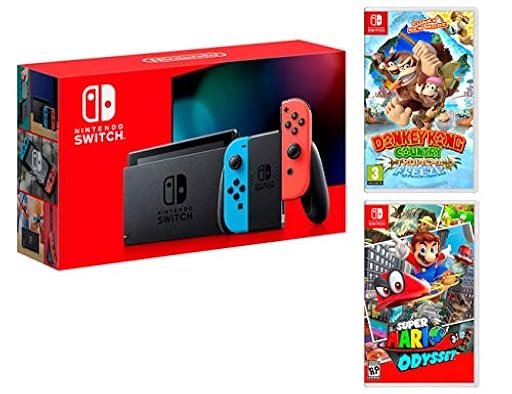 Nintendo Switch rojo/azul neón 32 GB Pack + Super Mario Odyssey + Donkey Kong: Tropical Freeze | Ya disponible en tu tienda friki favorita! En mundofriki.es!