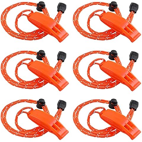 JULBEAR 6PCS Safety Survival Whistles with Adjustable Reflective Lanyard Emergency Plastic Whistle Cover