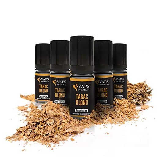 Vaps'Premium - E-liquide Tabac Blond - 5 x flacons de 10 ml - 00 mg - Fabrication française - Recharge Liquide Cigarette électronique - Sans nicotine ni tabac